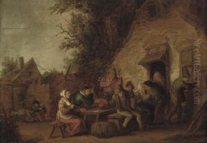 Peasants Carousing Outside A Tavern by Isaack Jansz. van Ostade