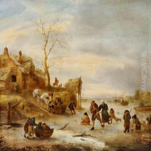 Skaters In A Dutch Winter Landscape by Isaack Jansz. van Ostade