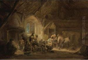 Rustic Interior With Peasants Drinking And Gaming by Isaack Jansz. van Ostade