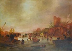 A Winter Landscape With Figures Skating Andplaying Kolf On A Frozen River