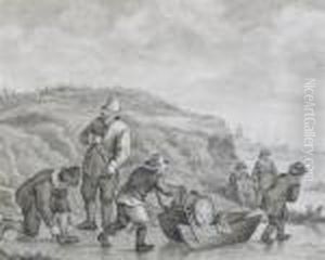 Rustics Conveying A Barrel On Ice, A Ship Beyond