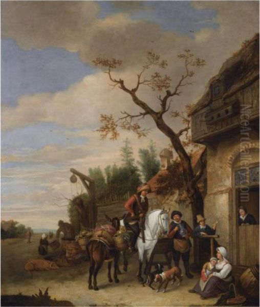 A Village Scene With Travellers Near An Inn, A Woman And Childresting In The Foreground - view 1