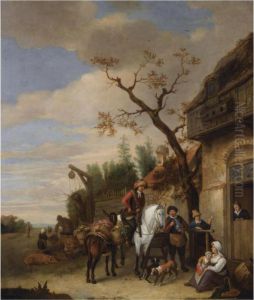 A Village Scene With Travellers Near An Inn, A Woman And Childresting In The Foreground A Village Scene With Travellers Near An Inn, A Woman And Childresting In The Foreground