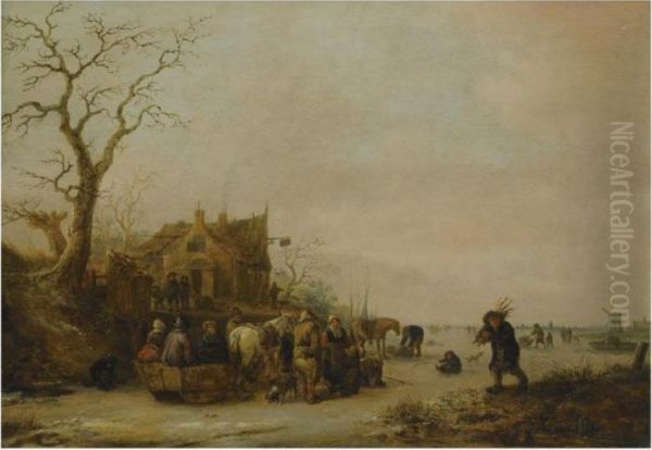 A Winter Landscape With Peasants On A Frozen Lake Near An Inn, Afaggot Gatherer Nearby - view 1