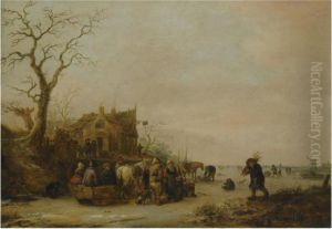 A Winter Landscape With Peasants On A Frozen Lake Near An Inn, Afaggot Gatherer Nearby
