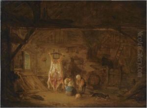 A Barn Interior With Three 
Children Playing With A Pig's Bladder,next To A Slaughtered Pig