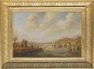 A Winter Landscape With Figures On A Frozen River, A Townbeyond by Isaack Jansz. van Ostade