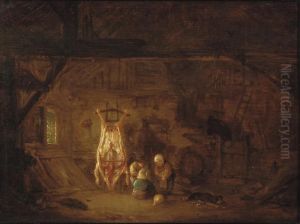A Barn Interior With A Slaughtered Pig, Children Playingnearby