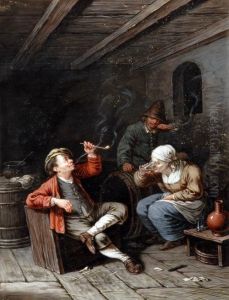 A Pair, Tavern Interior, With Figures, Smoking Drinking And Playing Cards by Isaack Jansz. van Ostade