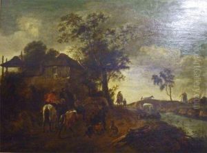 Figures, Horses And Dogs In A 
Lane Before A Cottage; Bridge Over River And Windmill Beyond, 18
