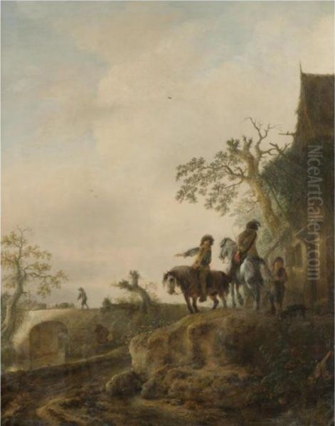 Horsemen Halting At An Inn, A Shepherd Driving His Flock Across A Bridge Beyond - view 1