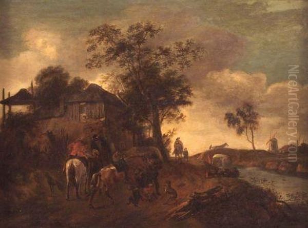 Figures, Horses And Dogs In A
Lane Before A Cottage;bridge Over River And Windmill Beyond - view 1