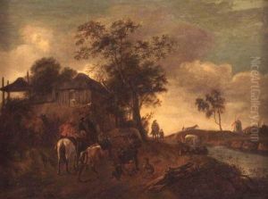 Figures, Horses And Dogs In A 
Lane Before A Cottage;bridge Over River And Windmill Beyond