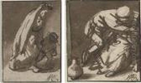 A Woman Holding The Hand Of A Young Child; And A Drunken Man Embracing A Seated Woman - view 1