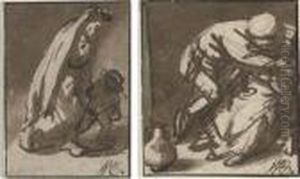 A Woman Holding The Hand Of A Young Child; And A Drunken Man Embracing A Seated Woman by Isaack Jansz. van Ostade