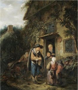 The Exterior Of A Cottage With Peasants Conversing At A Doorway by Isaack Jansz. van Ostade