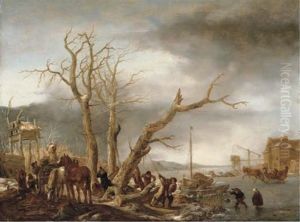 A Frozen River Landscape With Woodsmen Felling A Tree, A Water Mill Beyond by Isaack Jansz. van Ostade