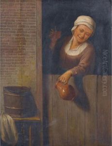 An Old Lady At A Window Holding A Pitcher And A Glass Of Ale by Isaack Jansz. van Ostade