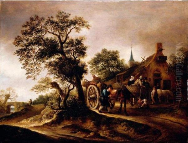 Landscape With Figures And Carts Before A Cottage - view 1