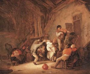 Peasants Dancing And Drinking In A Tavern Interior by Isaack Jansz. van Ostade