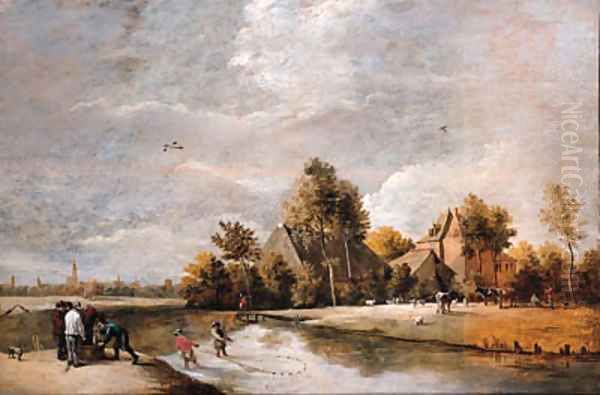 Fishermen hauling in their nets near a farm, a view of Antwerp in the background - view 1
