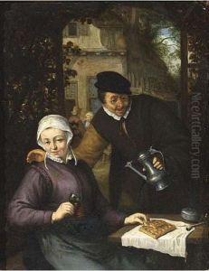 A Man Holding A Jug And A Woman Drinking Wine And Eating Waffles by Isaack Jansz. van Ostade