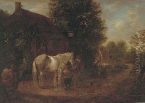 Peasants Feeding A Horse Outside An Inn by Isaack Jansz. van Ostade