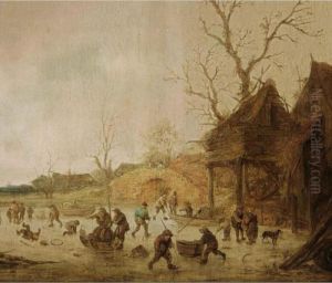 A Winter Landscape With Skaters,
 Children Playing Kolf And Figures With Sledges On The Ice Near A Bridge by Isaack Jansz. van Ostade