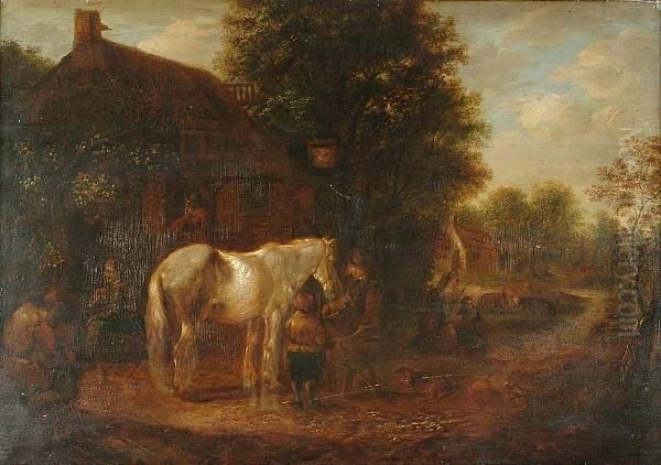Peasants Feeding A Horse Outside A Cottage In A Wooded Landscape - view 1