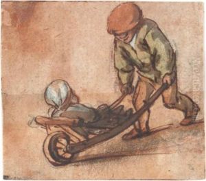 Boy Pushing A Baby In A Wheelbarrow