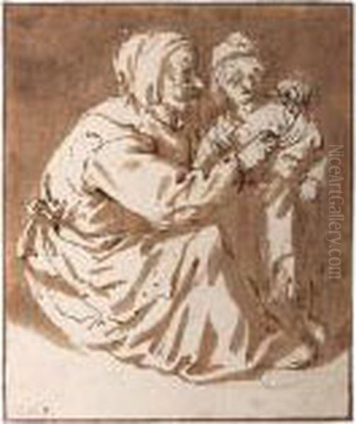 A Woman Dressing A Child - view 1