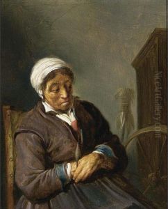 An Old Lady Sleeping At Her Spinning Wheel by Isaack Jansz. van Ostade