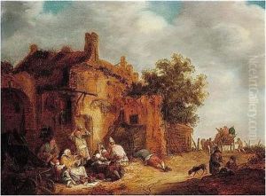 Peasants Eating Before A Tumbledown Cottage At The Side Of A Road
