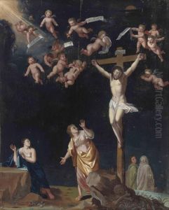 The Crucifixion With The Virgin, Saint Mary Magdalene, And Saintjohn The Evangelist by Cornelis Van Poelenburch