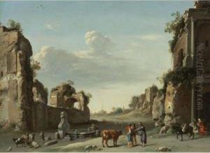 Capriccio Of Roman Ruins With A Merchant Buying A Bull by Cornelis Van Poelenburch