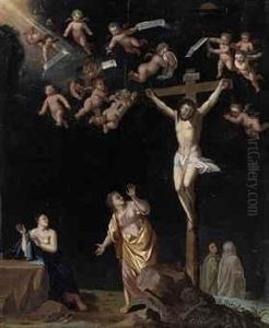 The Crucifixion With The Virgin, Saint Mary Magdalene, And Saint John The Evangelist by Cornelis Van Poelenburch
