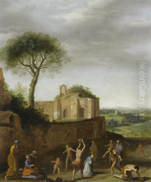 Martyrdom Of Saint
Stephen In A Landscape With Roman Ruins by Cornelis Van Poelenburch