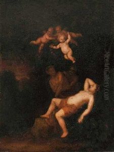 Schlafende Nymphe, Von Zwei Satyrn Beobachtet by Cornelis Van Poelenburch