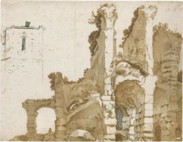 A View Of Part Of The Colosseum, Rome, And A Separate Study Of A Tower - view 1