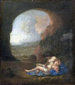 Schlafende Nymphe Mit Ihrem Kind In Einer Felsgrotte by Cornelis Van Poelenburch