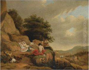 An Arcadian Landscape With A 
Shepherd Guarding A Sleeping Nymph Andputto, Together With His Goats And
 Cow