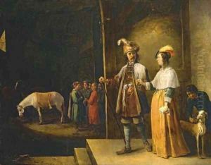 A lady and gentleman entering a stable by David The Younger Teniers