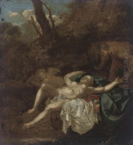 Venus And Cupid Asleep In A Landscape by Cornelis Van Poelenburch