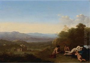 An Italianate Landscape With Venus And Cupid Sleeping, Two Satyrs Observing From Behind