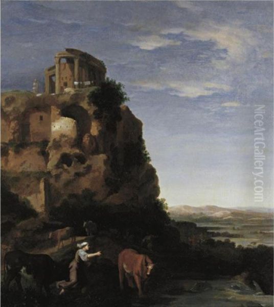 An Extensive Landscape With
Herdsmen And Cattle Near Ruins, The Temple Of The Sybil On A Rock Beyond - view 1