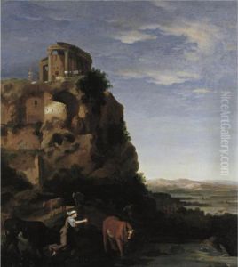 An Extensive Landscape With 
Herdsmen And Cattle Near Ruins, The Temple Of The Sybil On A Rock Beyond