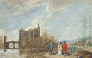 A river landscape with elegant company conversing with a peasant, a castle beyond by David The Younger Teniers