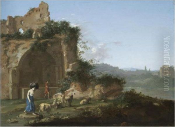 An Italianate Landscape With A Goat Herder And A Washerwoman Amongst Ruins - view 1