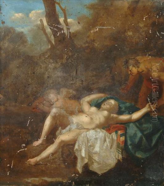 Follower Of Cornelis Van Poelenburgh Asleeping Nymph, Cherub And Satyr - view 1