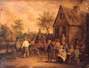 Boors smoking, drinking and playing at cards outside an inn